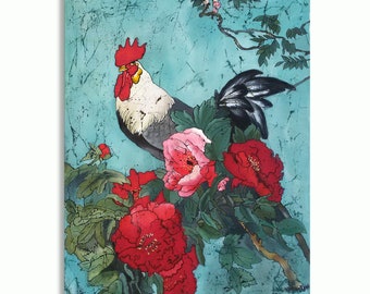 Rooster cock silk painting, batik art feng shui symbols, chinese silk art, interior painting, batik wall hanging, Christmas art gift
