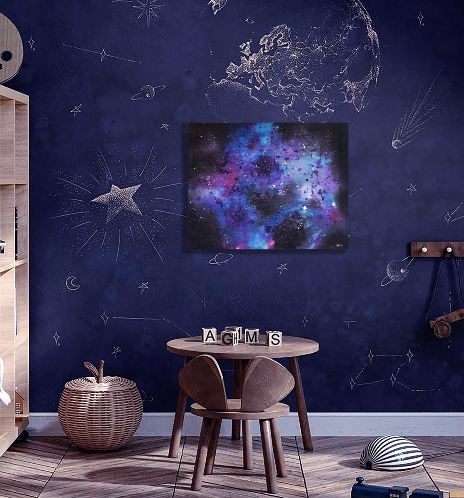 宇宙オリジナルシルク絵画、天然シルクの宇宙銀河バティックアート 