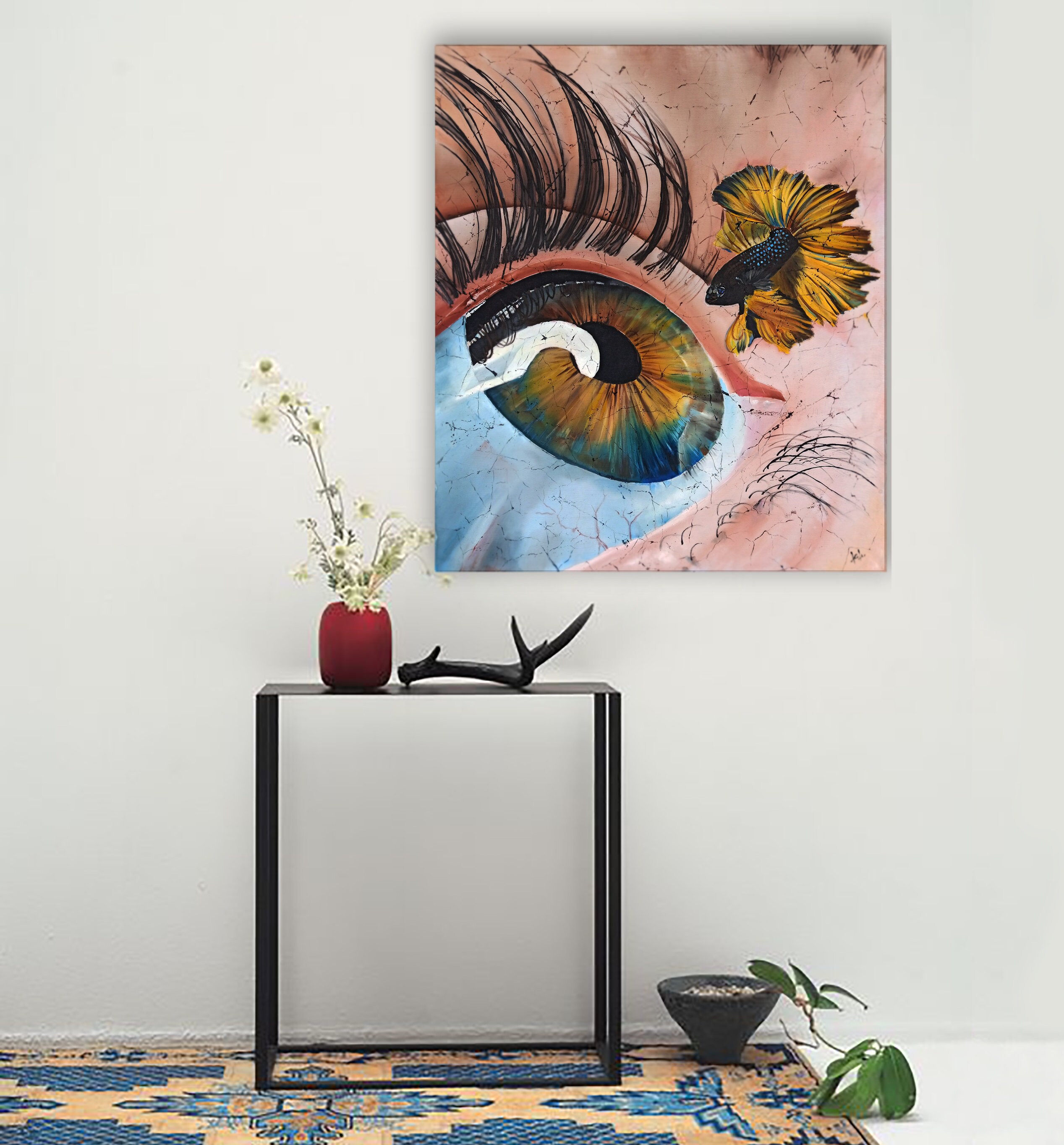 Batik Eye Color Eye and Betta Fish Batik Painting Eye Silk Painting, Batik Wall Hanging ...