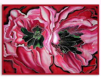 Rode klaprozen batik gewatteerde muurhanger, origineel abstract eclectisch zijden paneel