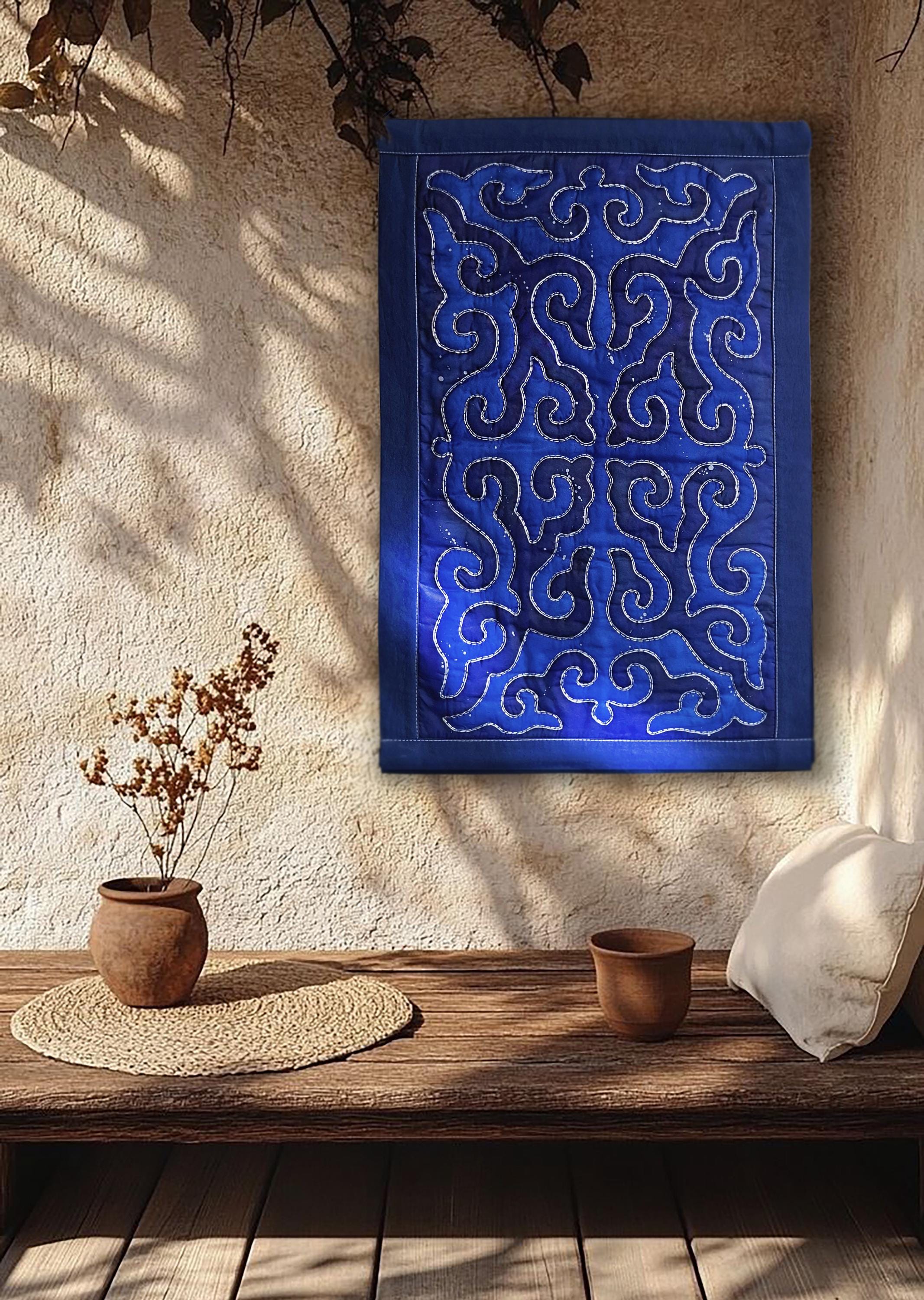 Blue Silver Quilted Wall Hanging With Kyrgyz Ethnic Ornament