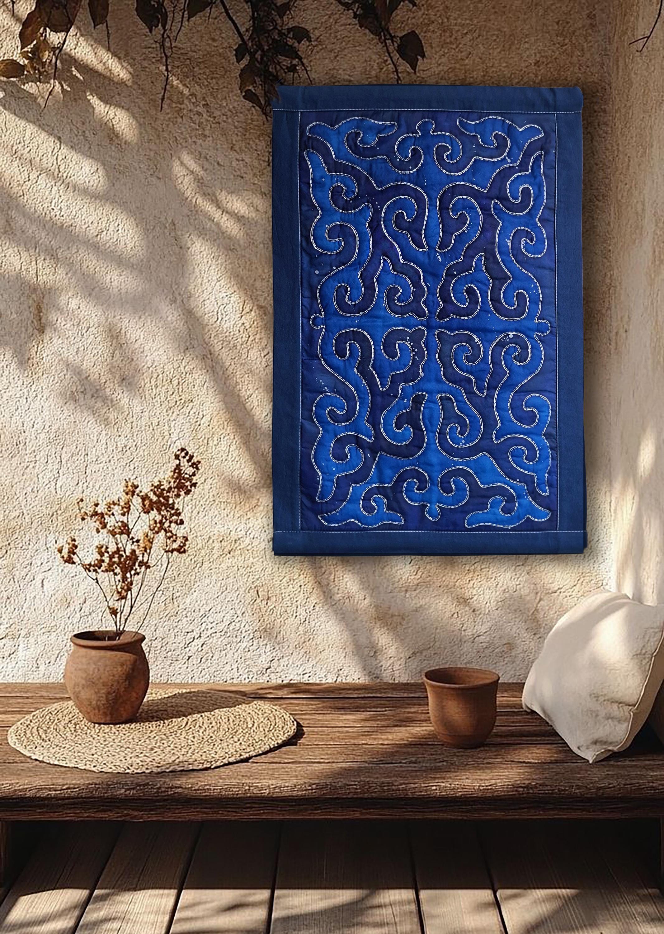 Blue Silver Quilted Wall Hanging With Kyrgyz Ethnic Ornament