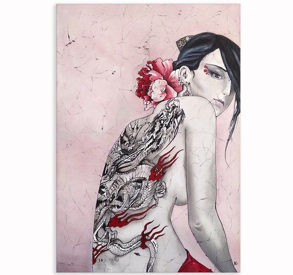 Girl Dragon Tattoo Modern Silk Painting Japanese Style Etsy