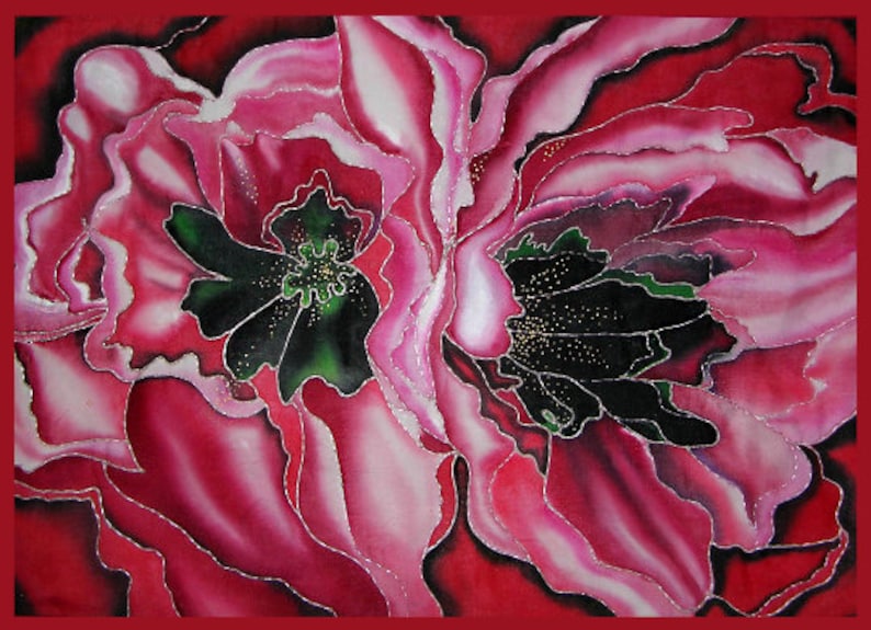 Red poppy silk painting, christmas gift, abstract floral paintin