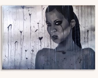 Silencio melancólico: pintura original en seda en blanco y negro, retrato femenino en batik.