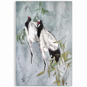 Japanese Cranes silk painting original batik wall hanging, gray white batik minimalist batik wall art, Japan batik art, Japandi wall decor