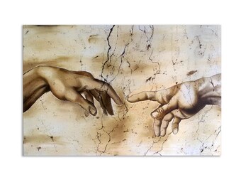 Origineel zijdeschilderij "Divine Touch" – handgeschilderde zijdekunst geïnspireerd op de schepping van Adam