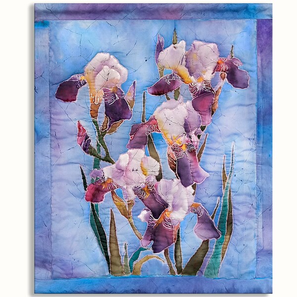Irises batik quilted wall hanging, original blue irises painting, batik textile art, interior modern silk painting