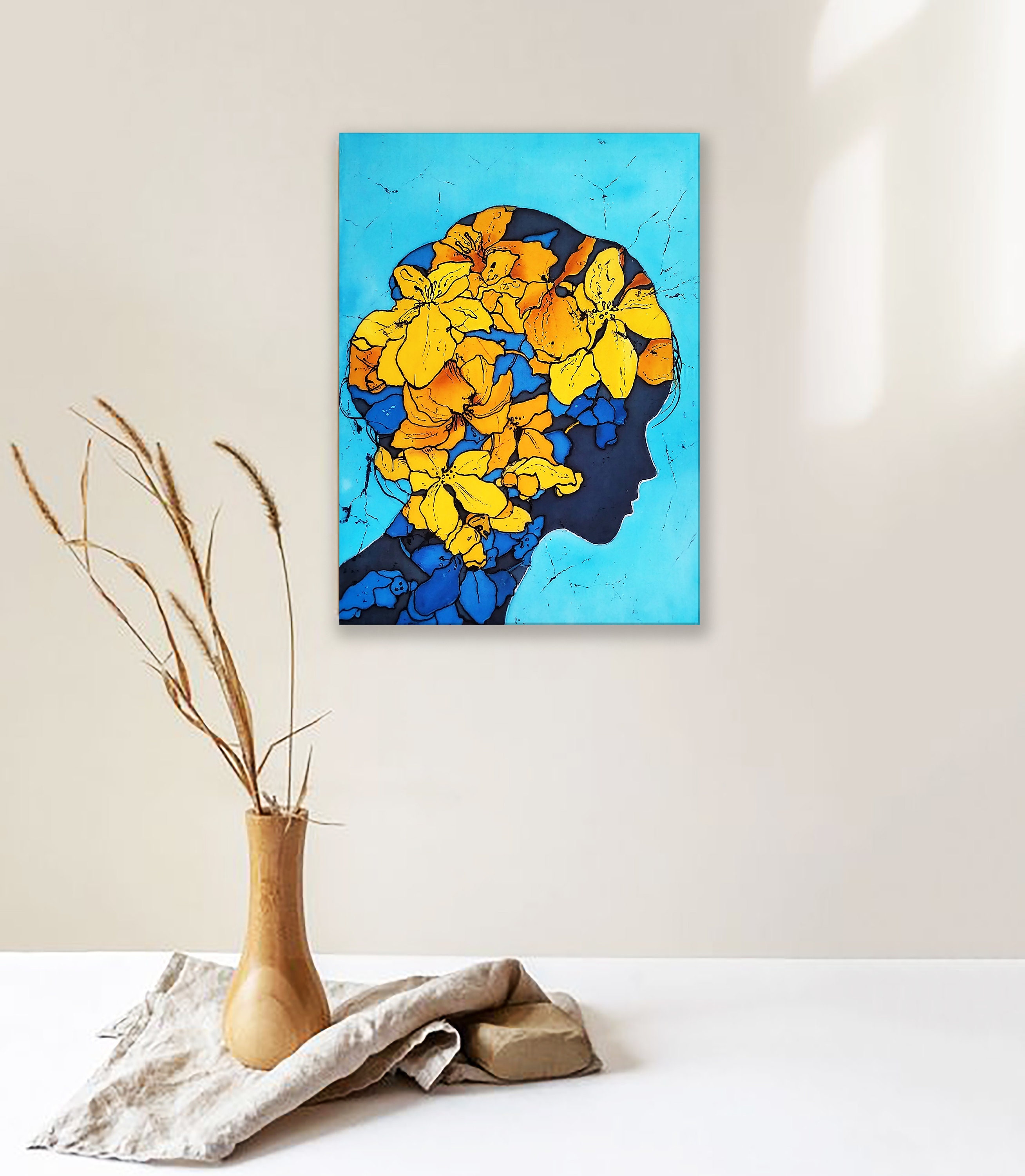 Yellow Blue Girl Art Print Abstract Modern Wall Art Woman Portrait ...