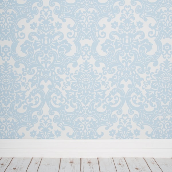 Boy Themed Photography Digital Backdrop in Portrait and Landscape Orientations - Blue Damask Whitewashed Wood Floor