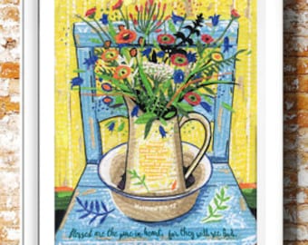 Blessed Are the Pure in Heart Art – Christian Floral Gift, Bible Verse, Restful Home Print
