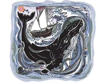 The Soul That Faints Not in The Storm, Whale, lino print,poetry, united kingdom, coastline, signed print. linocut