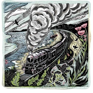 Crashing of the Seasteads - Stampa linoleografica del treno Dawlish / Edizione limitata firmata ispirata alla poesia / Arte costiera britannica