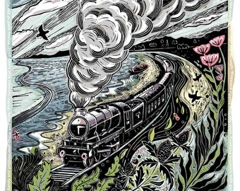 Crashing of the Seasteads, Dawlish Train, lino print,poetry, united kingdom, coastline, signed print. Steam train. linocut