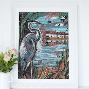 L'airone a Hardwater Mills di Jamie Poole, arte murale, stampa, giclée, fiume, canale, stampa artistica, poesia artistica, Northamptonshire, stampa A3