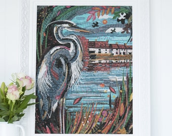 The Heron at Hardwater Mills By Jamie Poole, Wall Art, Print, Giclee, river, canal, art print, poetry art, Northamptonshire, A3 Print