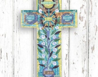 Oak Veneer Prayer Cross: Abstract Christian Art, Bible Verse Collage