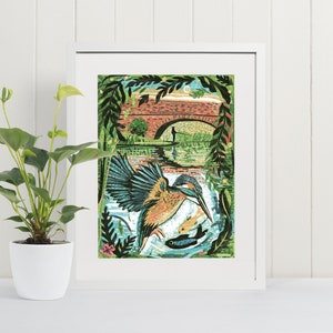 Martin pescatori osservano il corso d'acqua increspato. Di Jamie Poole. Arte murale, stampa, giclée, fiume, canale, stampa artistica, poesia, Northamptonshire.