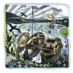 Leaning Into The Afternoons Fishing Boats Linoprint Signed Limited Edition Coastal Art A2 Print Poetry Inspired British Isles by Jamie Poole