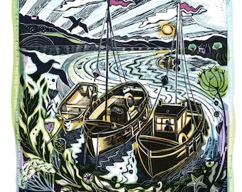 Fishing Boats Linoprint: Signed Coastal Art Inspired by Pablo Neruda