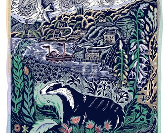 Badger Linoprint: Coastal Wildlife Art, Signed Limited Edition