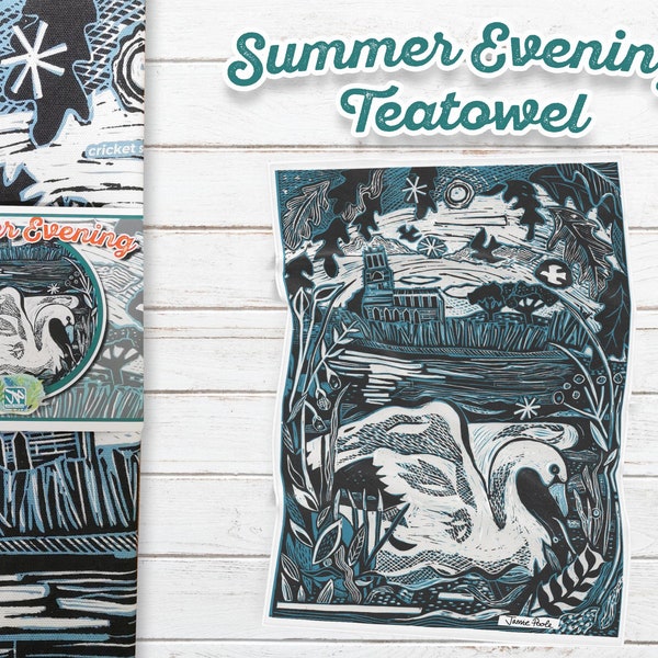 Summer Evening Teatowel design in Lino, Artist Teatowel, Collage Design, Kitchen Towel , Swan teatowel, Art towel