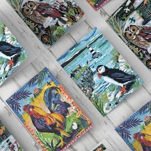 Gufo, Pulcinella di mare e Cockerill, Biglietti di auguri, Formato A5, Fauna selvatica, Poesia, Cristiano, Collage, Colorato