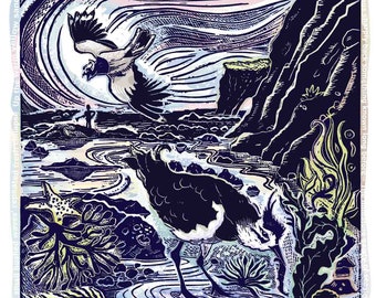 Lapwing Lino Print: Coastal Wildlife Art, Phillip Larkin Poem, Signed Limited Edition