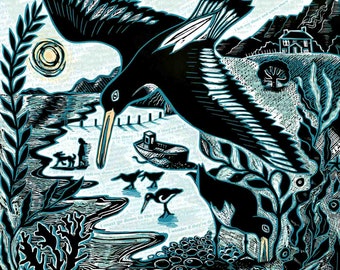 Oyster Catcher Lino Print: Coastal Wildlife Art, Signed Limited Edition