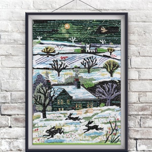 Emmonsail's Heath in Winter di Jamie Poole, giclée, John Clare, poesia, testo, paesaggio, inverno, lepre, stampa, decorazione per la casa
