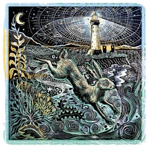 Visioni piacevoli e inquietanti, lepre, faro, notte, linoleografia, poesia, Regno Unito, costa, stampa firmata. Linoleografia