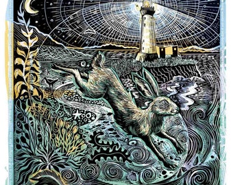 Hare & Lighthouse Lino Print: British Coastline Art, Signed Linocut