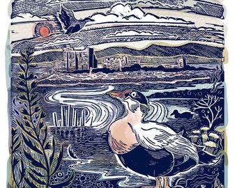 Neither Out Far Nor in Deep, Eider Duck,  lino print,poetry, united kingdom, coastline, signed print. piel island. linocut