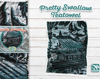 Swallow Linocut Teatowel: John Clare Poetry, Kitchen Art Towel
