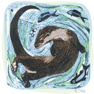 以下が含まれることがあります： 青と緑の水のシーンで泳いでいる茶色のカワウソ。カワウソは紙でできており、渦巻き模様になっています。水は紙でできており、青と緑の模様になっています。カワウソは円を描いて泳いでいます。背景は薄い青色です。