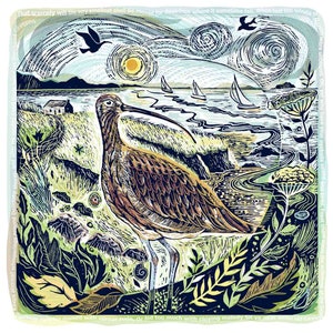Eternal Whisperings Curlew Linoprint Edizione limitata firmata Arte costiera Stampa A2 Poesia ispirata Isole britanniche di Jamie Poole