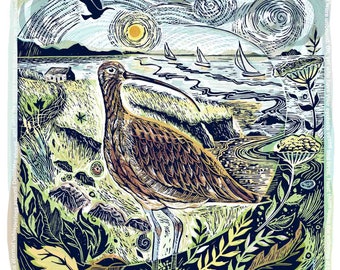 Eternal Whisperings, Curlew, linoprint, poetry, united kingdom, coastline, signed print.