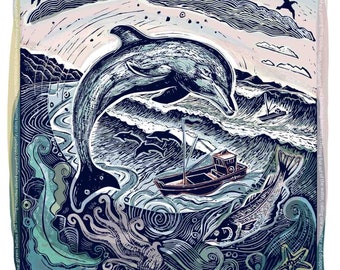 Chasing Fish!,  Dolphin, linoprint, poetry, united kingdom, coastline, signed print. limited edition