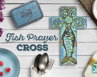 Fish Prayer Cross: Christian Oak Veneer Wall Hanging