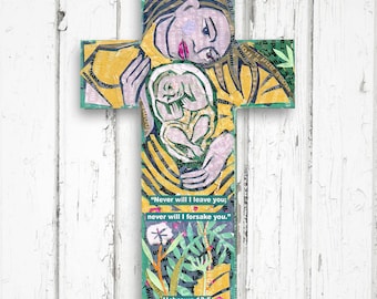 Cruz de oración para madre e hijo: arte mural cristiano enchapado en roble