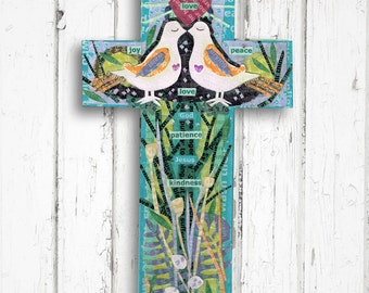 Love Doves Prayer Cross: Christian Wall Art, Oak Veneer