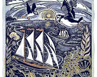 Puffin & Sailing Yacht Lino Print: Coastal Poem Art