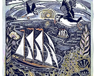 Waters Murmur Tranquilly, puffins,  lino print, poetry, united kingdom, coastline, signed print. yacht. linocut, saling ship, scotland