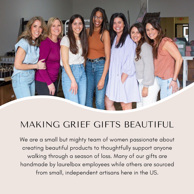 May include: A group of seven women smiling and posing for a photo. The text "MAKING GRIEF GIFTS BEAUTIFUL" is displayed below the image. The image is promoting handmade gifts.