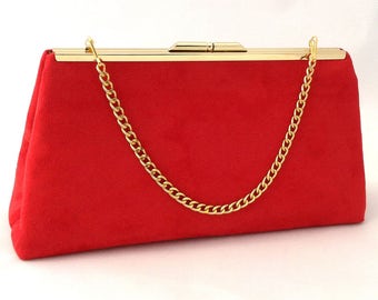 Handmade in UK BRIGHT RED /& BLACK asymmetrical faux suede clutch bag