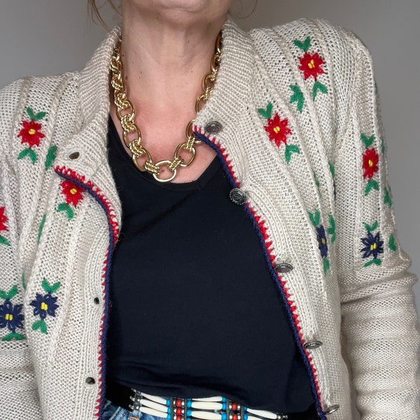 Gilet laine fleurs vintage