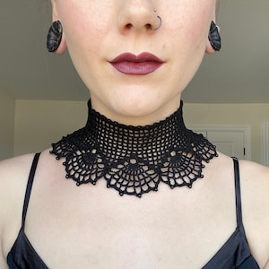 Crochet Lace Choker | Crochet Choker Black Lace Gothic Collar with Beads | Handmade Lace Dark Fashion Jewelry