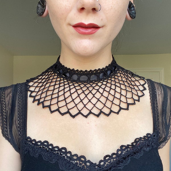 Crochet Gothic Lace Collar with Beads | Crochet Lace Choker with Ribbon Tie | Vintage Inspired Lace Choker