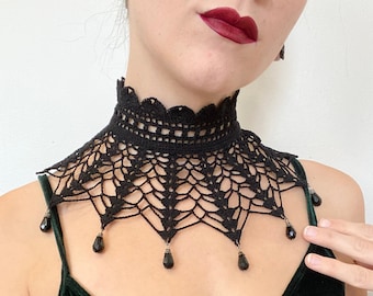 Gothic Crochet Choker | Victorian Style Black Lace Choker with Beaded Accents | Black Crystal Teardrop Chandelier Necklace