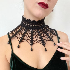 Gothic Crochet Choker | Victorian Style Black Lace Choker with Beaded Accents | Black Crystal Teardrop Chandelier Necklace